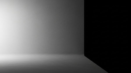 A minimalist studio backdrop with a stark contrast between a brightly lit wall and a deep shadow. The scene features a subtle gradient of light on the wall and floor, creating a dramatic and abstract visual.の素材