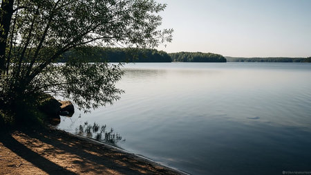 The calm, reflective surface of a lake stretches towards a distant, tree-lined horizon under a clear sky. In the foreground, a sandy shore is visible with a large tree on the left, its branches and leaves casting shadows on the ground and water.の素材