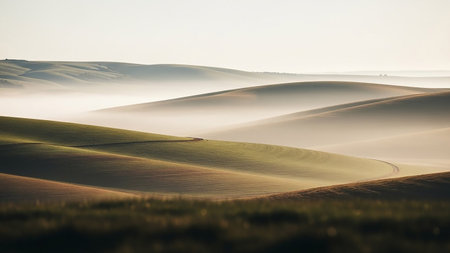 Gentle, rolling hills bathed in the soft light of dawn, partially obscured by a thick layer of ethereal fog. The landscape features a mix of green and brown fields, with a subtle winding path visible on one of the slopes. The atmospheric haze creates a serene and tranquil mood, emphasizing the vastness and natural beauty of the scene.の素材