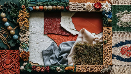 An artistic composition of various textures and materials arranged in a framed layout. It includes woven fabrics, carved wood elements, natural moss, beads, dried flowers, textured paper, and smooth stones, creating a rich tactile and visual experience.の素材
