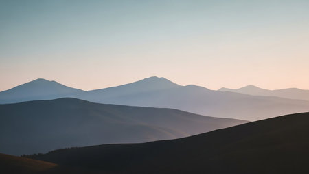 A vast mountain range is depicted with soft, hazy layers fading into the distance. The sky transitions from a pale blue at the top to a soft pink and orange hue near the horizon, suggesting the gentle light of dawn or dusk. The foreground hills are dark silhouettes, creating a sense of depth and scale.の素材