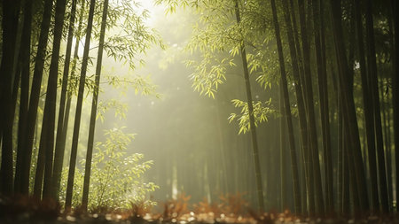 A dense bamboo forest with tall green stalks reaching towards the sky. Sunlight filters through the leaves and branches, creating a hazy, atmospheric effect. A narrow path is visible in the foreground, with fallen leaves scattered on the ground. The overall mood is serene and tranquil.の素材