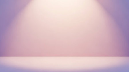 A clean and minimalist studio background with a soft gradient of pastel pink and purple. Two subtle spotlights illuminate the upper portion of the wall, creating a gentle and diffused light effect. The floor also exhibits a soft glow, suggesting a smooth, seamless surface.の素材