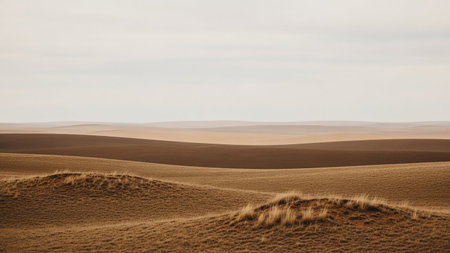 Undulating hills covered in dry, golden-brown grass stretch towards a pale, overcast sky. The landscape features soft, rounded contours and a muted color palette, creating a sense of vastness and serene emptiness.の素材