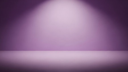 An abstract studio background with a smooth gradient of soft purple hues. A bright, diffused spotlight illuminates the center of the wall, creating a subtle glow that fades outwards. The floor area is also a soft purple, reflecting the light from above. The overall effect is clean, simple, and elegant.の素材