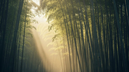 Golden sunbeams pierce through the dense canopy of a tranquil bamboo forest. Tall, green bamboo stalks create a natural corridor, with light filtering down and casting ethereal rays and shadows. The atmosphere is peaceful and serene, evoking a sense of natural beauty and quietude.の素材
