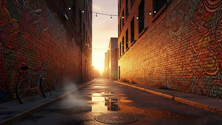 With showing urban alleyway with graffiti and sunset light. High resolution image suitable for commercial use. Clear details and vibrant colors enhance visual appeal.の素材