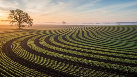 A picturesque rural landscape at sunrise. Winding rows of young green crops create a rhythmic pattern across dark soil in rolling fields. A solitary, bare tree stands on a gentle slope to the left. Soft mist hangs in the distance, and the sky is painted with warm hues of orange and blue. The scene evokes a sense of peace and natural beauty.の素材