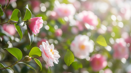 A close-up view of delicate pink and white camellia flowers blooming on a branch. Sunlight filters through the petals and green leaves, creating a soft, ethereal glow. The background is a beautiful bokeh of more pink flowers and green foliage, creating a dreamy and serene atmosphere. A few leaves appear to be floating.の素材