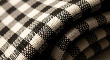 A close-up view of black and off-white checkered fabric, showcasing its classic pattern and subtle woven texture.の素材