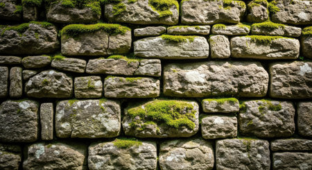 A solid wall composed of many individual gray stones of varying shapes and sizes. Green moss grows abundantly on the surface, adding a verdant contrast to the rock.の素材
