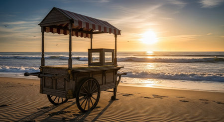 A charming wooden vendor cart with a striped awning stands on a tranquil sandy beach as the sun sets over the glistening ocean. This serene scene captures the essence of a peaceful evening.の素材