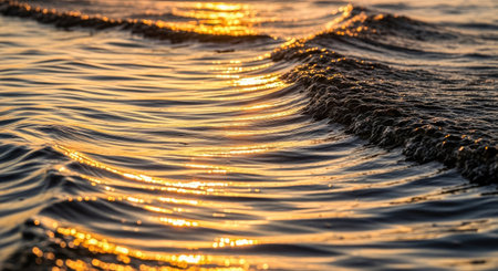 Mesmerizing golden hour light dances across the surface of calm water, highlighting the subtle ripples and creating a tranquil, serene atmosphere.の素材
