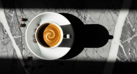 Freshly brewed coffee with a creamy latte art swirl is presented in a white cup on a grey marble surface, accompanied by whole coffee beans.の素材