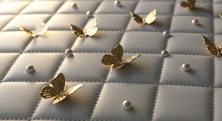Golden butterflies and lustrous white pearls are elegantly arranged on a soft quilted surface, illuminated by warm light.の素材