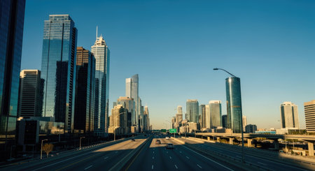 A panoramic view of a vibrant urban center showcasing contemporary high-rise buildings and a busy freeway. This scene represents metropolitan growth and modern infrastructure.の素材