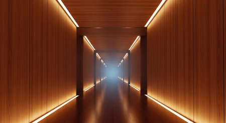 A modern wooden corridor extends into the distance, illuminated by warm LED strips embedded along the floor and ceiling. The perspective draws the viewer towards a bright light at the far end.の素材