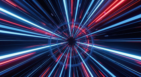 A futuristic light speed tunnel is depicted with glowing blue and red lines. This represents rapid data transfer and advanced technological concepts.の素材