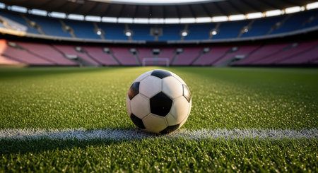 A classic black and white soccer ball rests on the white line of a lush green grass field. An expansive, empty stadium with colorful seating creates a powerful sporting backdrop.の素材