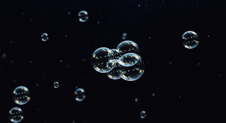 A cluster of transparent bubbles floats gracefully against a deep dark background. Light reflects off their iridescent surfaces creating a beautiful and ethereal scene.の素材