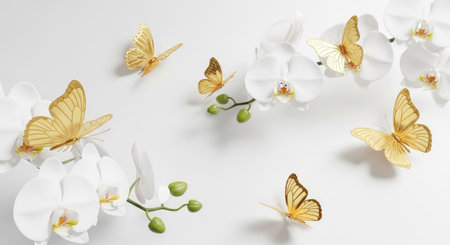 Golden butterflies are depicted gracefully flying around beautiful white phalaenopsis orchids with green buds. This serene image evokes themes of elegance and nature.の素材