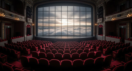An opulent empty theater hall features rows of plush red velvet seats facing a panoramic window. The window reveals a dramatic sunset sky above the clouds, creating a grand and surreal atmosphere.の素材