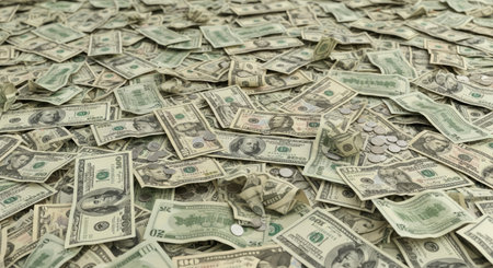 A vast collection of American dollar bills and various coins are spread out, symbolizing financial prosperity, economic growth, and investment opportunities.の素材