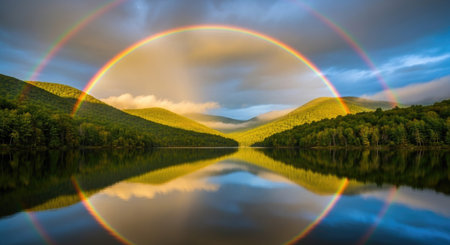 A stunning rainbow spans across a calm lake surrounded by majestic mountains and a beautiful sky. The tranquil water perfectly mirrors the colorful arc and surrounding landscape.の素材