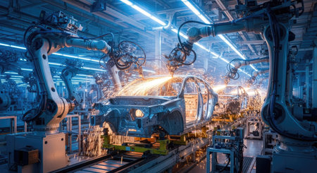 Modern industrial robots are precisely welding car bodies on a high-tech assembly line, representing the future of automobile production and advanced manufacturing.の素材