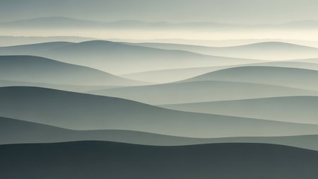 A serene landscape of layered hills fading into a soft mist and haze. The undulating shapes create a sense of depth and tranquility, with the light gradually softening in the distance. The muted color palette evokes a peaceful and atmospheric scene.の素材