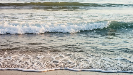 A close-up view of gentle ocean waves rolling onto a sandy beach. The water is a mix of blue and green hues, with white foam and ripples on the surface. The foreground shows the wet sand where the waves are receding, leaving patterns of foam. The scene evokes a sense of calm and natural beauty.の素材