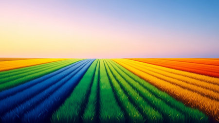 Natural showing rainbow fields of crops under a soft sky keywords: fields, crops, rainbow, colorful, nature, agriculture, landscape, sky, sunset, sunrise, vibrant, green, blue, yellow, orange, red, stripes, rows, horizon, vast, scenic, natural, beauty, summer, season, growth, farming, pattern, abstract, serene, peaceful description: a vibrant and surreal landscape featuring rows of crops arranged in a rainbow of colors, stretching towards the horizon. the fields are depicted in distinct...の素材