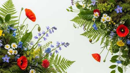A vibrant arrangement of assorted wildflowers and lush green ferns is presented against a clean white background. Red poppies, delicate bluebells, white daisies, and other small blossoms are interspersed with feathery fern fronds and moss. The composition creates a natural, airy feel, showcasing the beauty of wild flora.の素材