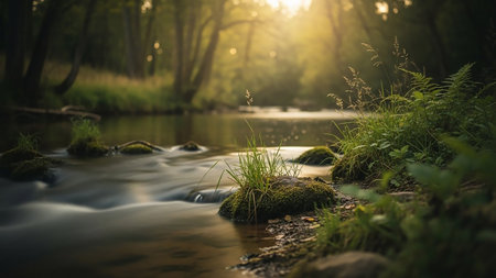 A close-up view of a gentle stream flowing over moss-covered rocks in a sunlit forest. The water appears smooth and blurred due to a long exposure, creating a sense of movement. Sunlight filters through the trees, casting dappled light and creating a warm, inviting atmosphere. Lush green grass and ferns line the banks of the stream.の素材