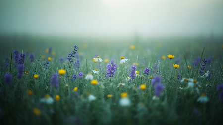 Natural showing misty meadow filled with purple and yellow wildflowers keywords: nature, meadow, wildflowers, flowers, purple, yellow, white, dew, drops, grass, green, misty, foggy, morning, soft, light, bokeh, blurred, background, serene, peaceful, tranquil, delicate, bloom, spring, summer, landscape, natural, beauty, outdoor, field description: a close-up view of a misty meadow filled with a variety of wildflowers, including purple lavender-like blooms, white daisies, and yellow flowers....の素材