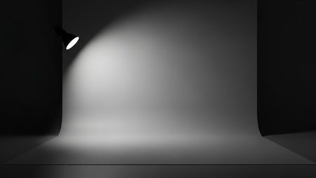 Spotlight showing photography studio with spotlight and seamless backdrop keywords: studio, photography, backdrop, seamless, white, gray, spotlight, lighting, dark, room, interior, equipment, setup, professional, creative, empty, blank, background, illumination, shadow, light, beam, soft, gradient, minimalist, space, scene, presentation, product, shoot, art, design description: a minimalist photography studio interior with a seamless gray backdrop curving from the wall to the floor. a single...の素材