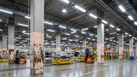 The interior of a modern car manufacturing plant is depicted, showcasing an assembly line with robotic arms and car chassis. Forklifts are visible moving around the spacious facility, which has a high ceiling, concrete pillars, and bright fluorescent lighting. Yellow lines mark pathways on the polished floor.の素材