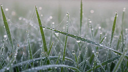 A macro photograph of green grass blades covered in numerous glistening dew drops. A delicate spiderweb is intricately woven between the blades, also adorned with tiny water droplets. The shallow depth of field blurs the background, emphasizing the intricate details of the dew and web.の素材