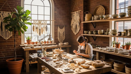 A woman with her hair tied back is focused on her work at a wooden workbench in a rustic workshop. The room has exposed brick walls and large arched windows. The workbench is covered with various pottery tools, clay pieces, and natural materials. Shelves on the wall display finished ceramic bowls and jars. Macrame wall hangings and a large potted plant add to the bohemian atmosphere.の素材