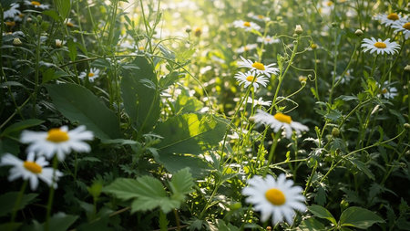 A detailed, sun-drenched close-up of white daisies with yellow centers nestled within lush green foliage. Sunlight filters through the leaves, creating a soft bokeh effect and highlighting the delicate petals and stems. The image captures the fresh, vibrant essence of a natural meadow in bloom.の素材
