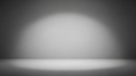 A minimalist, empty studio background with a soft, illuminated spotlight creating a bright, circular area in the center. The lighting transitions from a bright focus to darker, diffused edges, creating a sense of depth and space. This versatile backdrop is ideal for product displays, presentations, or any application requiring a clean, focused visual.の素材