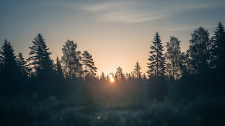 A dense forest silhouette against a soft sunrise sky. The sun is just peeking over the horizon, casting warm rays through the trees. The foreground is dark and slightly blurred, emphasizing the trees and the glowing sun. The sky transitions from a pale blue at the top to a warm orange and yellow near the horizon.の素材