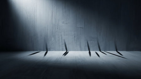 A dark and atmospheric room with a textured concrete wall and a wooden floor. A strong spotlight casts a dramatic beam of light across the wall, creating long, distorted shadows on the floor. The scene is moody and minimalist, with high contrast between light and shadow.の素材