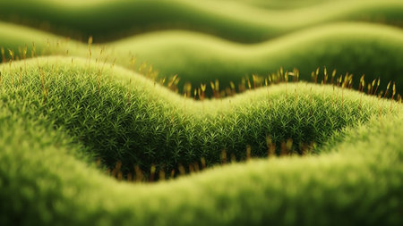 An extreme close-up view of undulating hills covered in a thick, lush carpet of vibrant green moss. The texture is soft and fuzzy, with tiny stalks of grass or plant life emerging from the surface. The focus is shallow, creating a soft, dreamy effect that emphasizes the organic shapes and intricate details of this miniature natural landscape.の素材