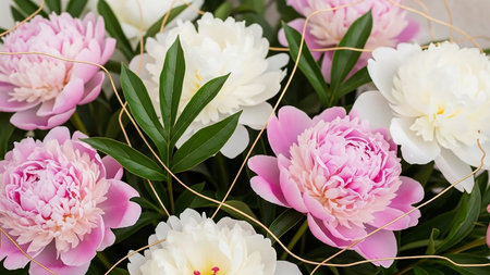 A close-up view of a beautiful arrangement of pink and white peonies. The lush, full blooms showcase their intricate petals in shades of vibrant pink and pure white. Dark green leaves provide a rich contrast. Delicate strands of gold wire are artfully woven around the flowers, adding a touch of elegance and sophistication. The focus is on the detailed texture and natural beauty of the peonies.の素材