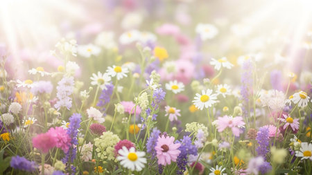 A close-up view of a vibrant wildflower meadow bathed in soft, hazy sunlight. Numerous colorful flowers, including white daisies, purple lavender, and pink blossoms, are in full bloom. Sunbeams create a gentle glow and a soft bokeh effect, evoking a sense of natural beauty and tranquility.の素材
