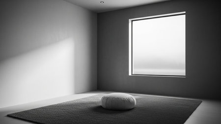 Cushion showing minimalist room with meditation cushion and window. High resolution image suitable for commercial use. Clear details and vibrant colors enhance visual appeal.の素材