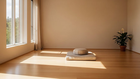 An empty room with a polished wooden floor is bathed in sunlight streaming through large windows. A meditation cushion sits on a mat in the center of the room, casting a soft shadow. A potted plant stands in the corner, adding a touch of life to the serene and minimalist space.の素材