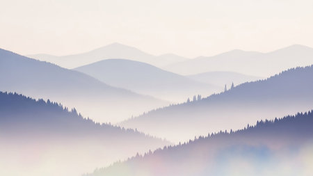 A serene landscape featuring a layered mountain range shrouded in soft mist and haze. The distant peaks are depicted as soft silhouettes in shades of blue and purple, with dark green pine trees dotting the slopes. The atmospheric effect creates a sense of depth and tranquility.の素材