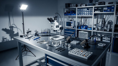 A well-lit electronics laboratory workbench featuring a high-powered microscope, soldering irons, various precision tools, and organized storage shelves filled with electronic components. The scene depicts a dedicated space for scientific research, development, and intricate assembly work.の素材